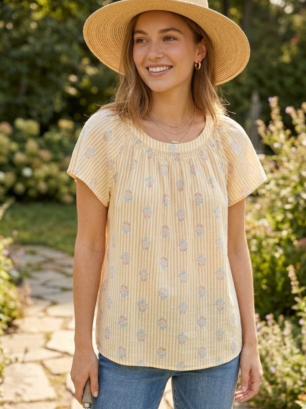 LC Lauren Conrad Yellow Striped Floral Peasant Blouse